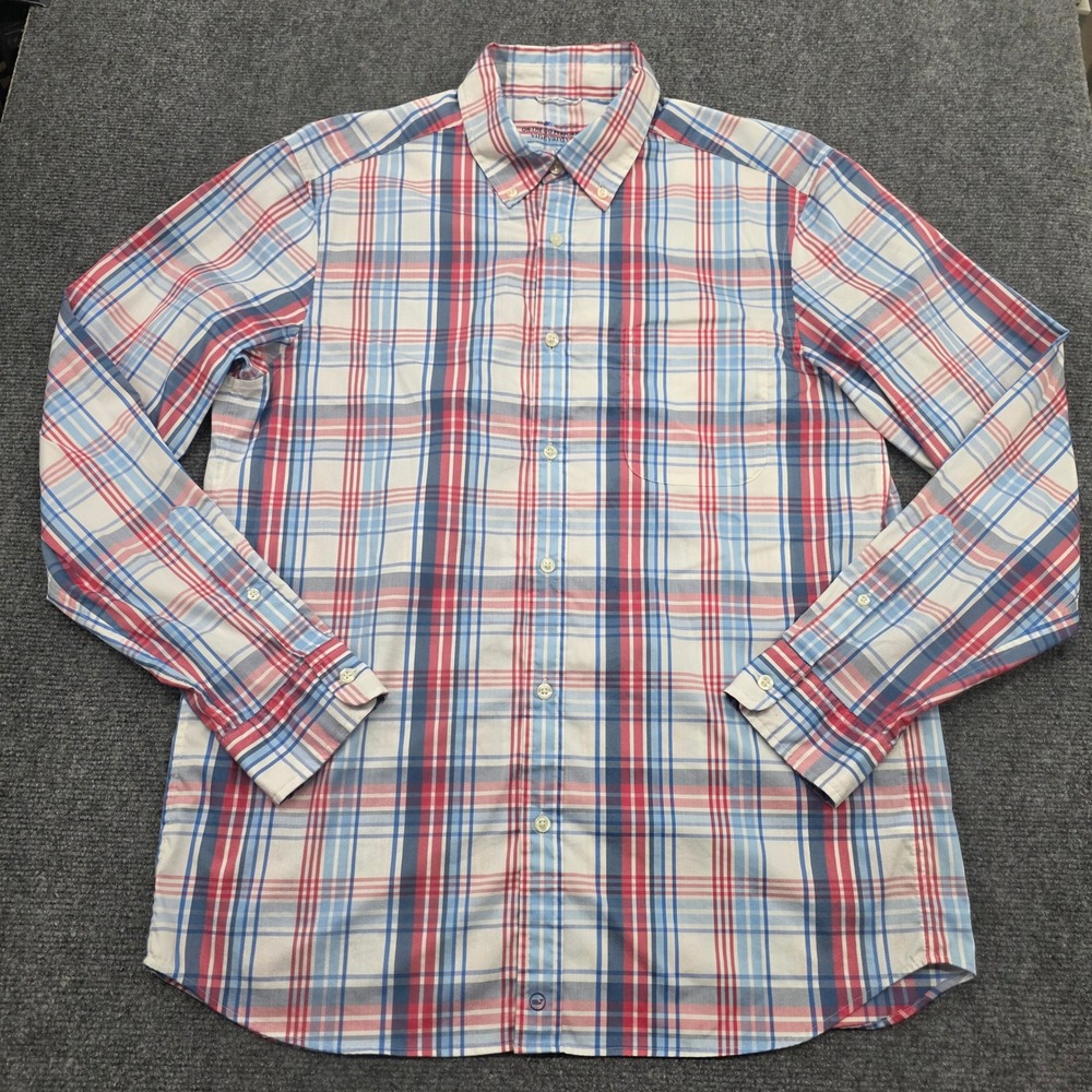 Vineyard Vines On-The-Go Performance Shirt Mens Medium Blue Pink Plaid Brrr OTG